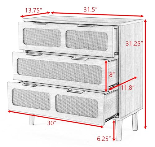 Garteder Modern Rattan Storage Cabinet with Wide Drawers and Metal Handles, Farmhouse Wooden Storage Chest of 3 Drawers for Dining Room, Living Room, Hallway, Entryway