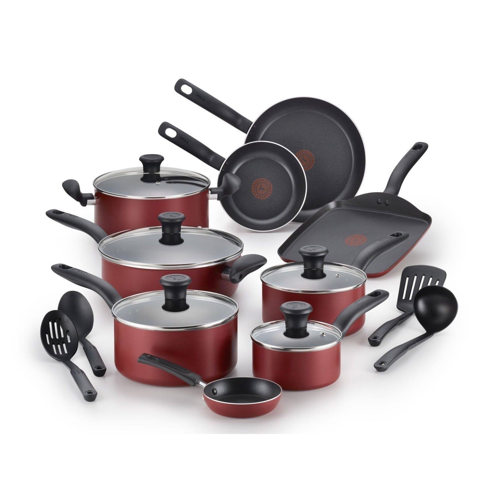 T-fal, Dishwasher Safe Cookware Set, 18 Piece, Red Initiatives Nonstick Inside