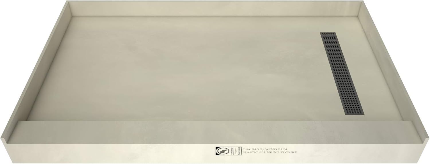 Tile Redi T4260R-SCDNPVZ Shower Pan Kit with Flashing, Right Drain- Single Curb Shower Base, 2" PVC Drain and Grate Included, 60" Width x 42" Depth