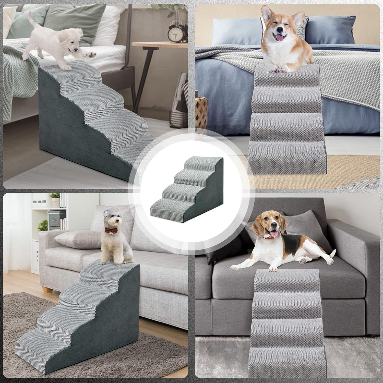MALOROY Foam Dog Ramps, Dog Stairs Ladder Pet Ramp Stairs Non-Slip Pet Step for Older Dogs, Pet with Joint Pain, Sofa Bed Ladder for Cats (Grey)