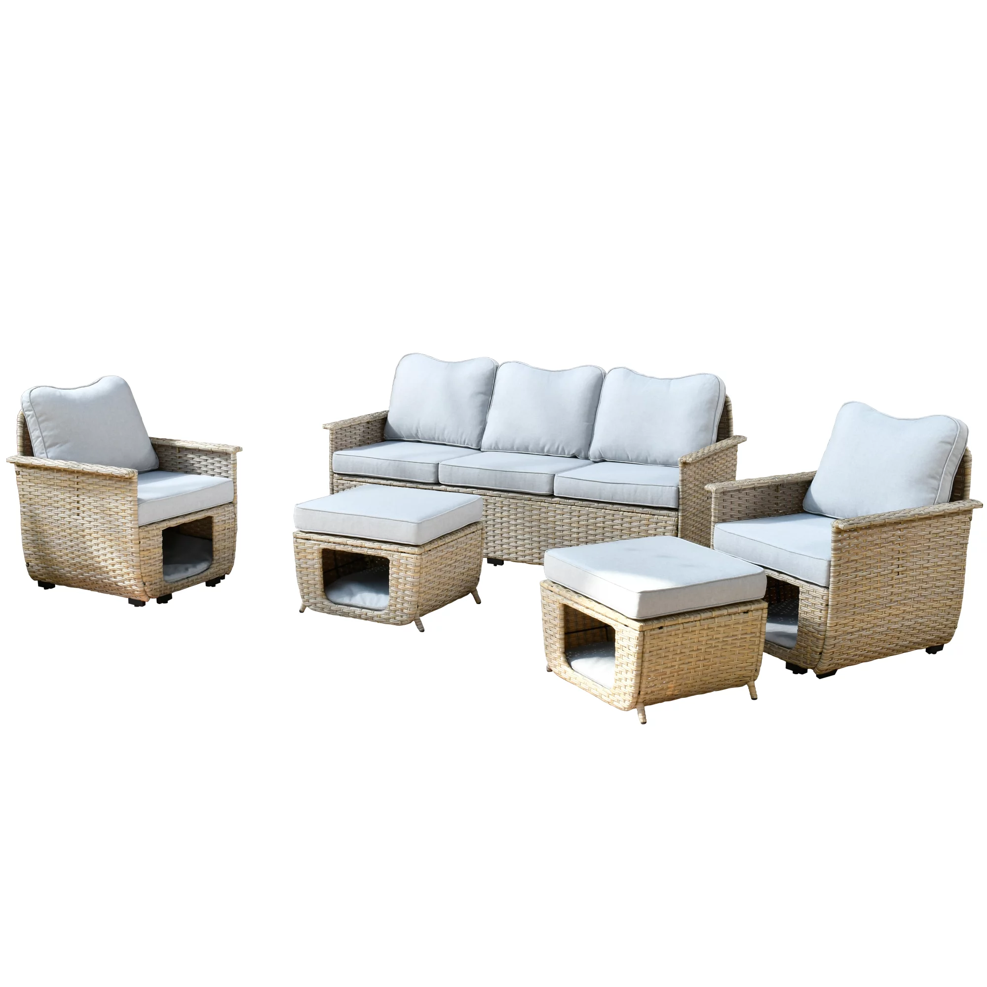 Ovios 5 Pieces Outdoor Furniture All Weather Wicker Patio Conversation Sectional Sofa Set with Storage Box for Garden Backyard