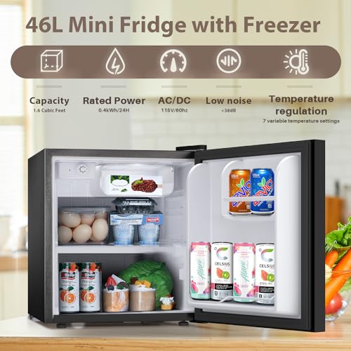 Kismile Mini Fridge with Freezer, 1.6Cu.ft Compact Refrigerators with Removable Shelves, Adjustable Thermostat, Reversible Single Door Small Fridge for Apartment, Home, Office