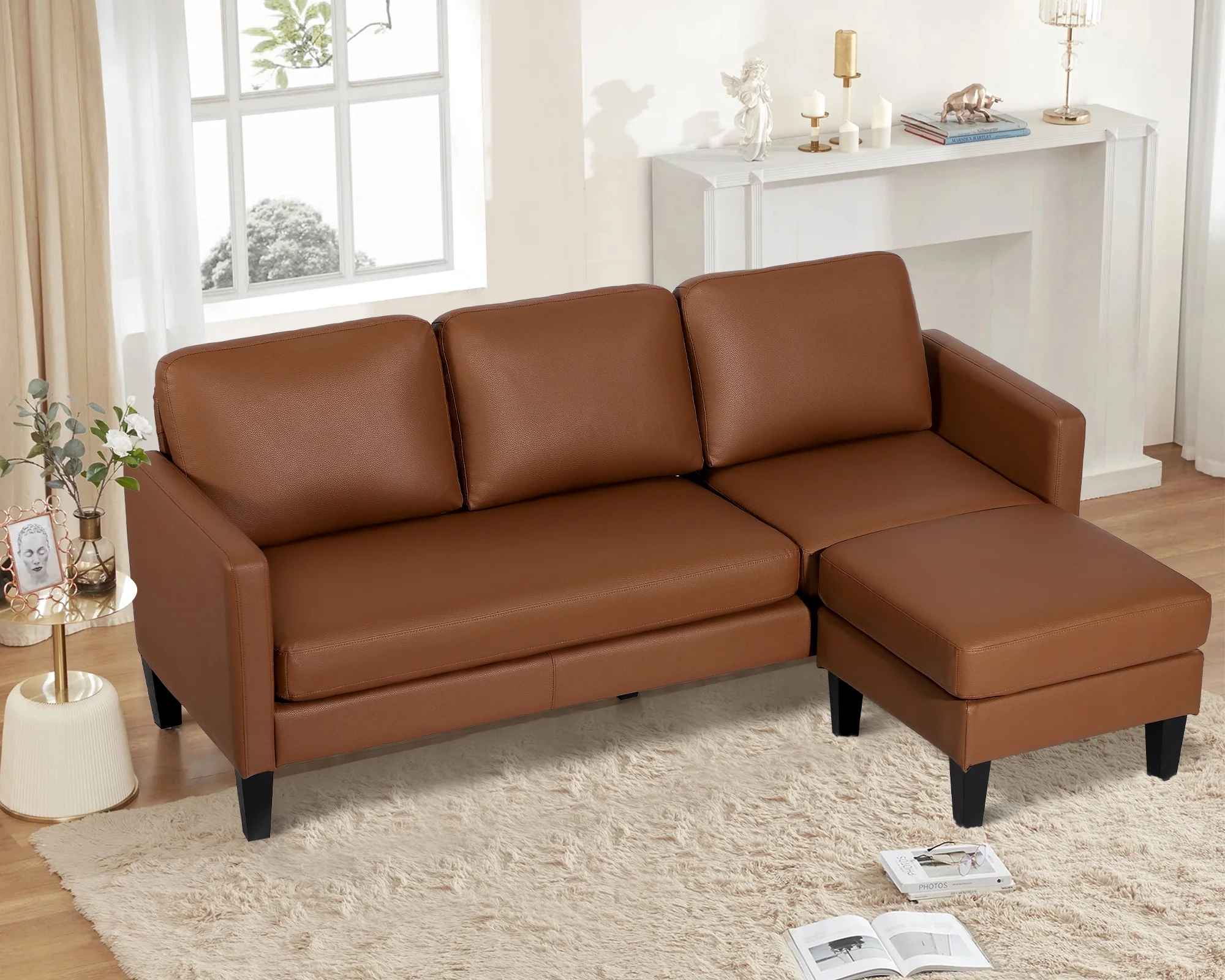 Haverchair Faux Leather Sectional Sofa, L Shaped Sofa with Reversible Chaise Convertible Sectional Couch 3-Seater Modern Small Couches for Small Space,Brown