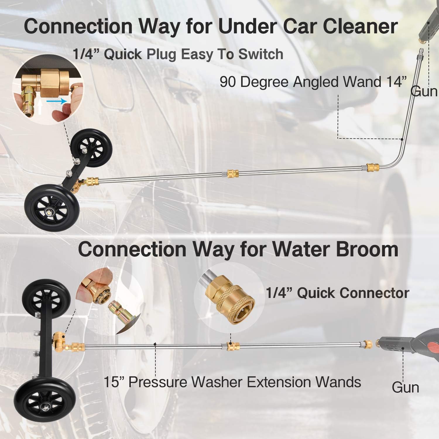 Kohree Undercarriage Pressure Washer Cleaner Attachment, 2 in 1 Underbody Car Washer Water Broom 16", Surface Cleaner for Pressure Power Washer with 3 Pcs Extension Wands 4000 PSI