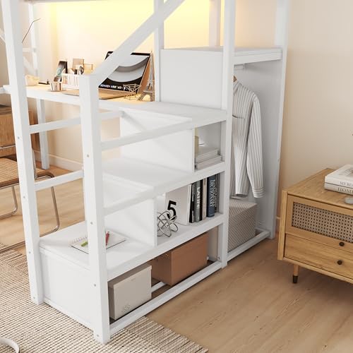 Full Size Loft Bed with Stairs and Storage, Metal Loft Bed Frame with Bedside Shelf and Large Under-Bed Space, Heavy-Duty Bed for Adults Teens and Kids, Black