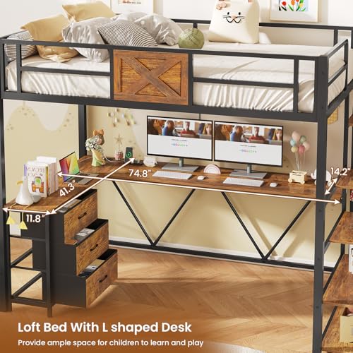 Itaar Stairway Twin Size Loft Bed with L Shaped Desk and Wardrobe, Metal Loft Bed Frame with Storage Stairs,3 Fabric Drawers, LED Lights & Charging Sation,No Noise & No Box Spring Needed, White