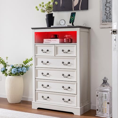 Dresser for Bedroom with Charging Station & LED Light,Tall Dresser & Chests of Drawers with 6 Drawers,Vintage Gray