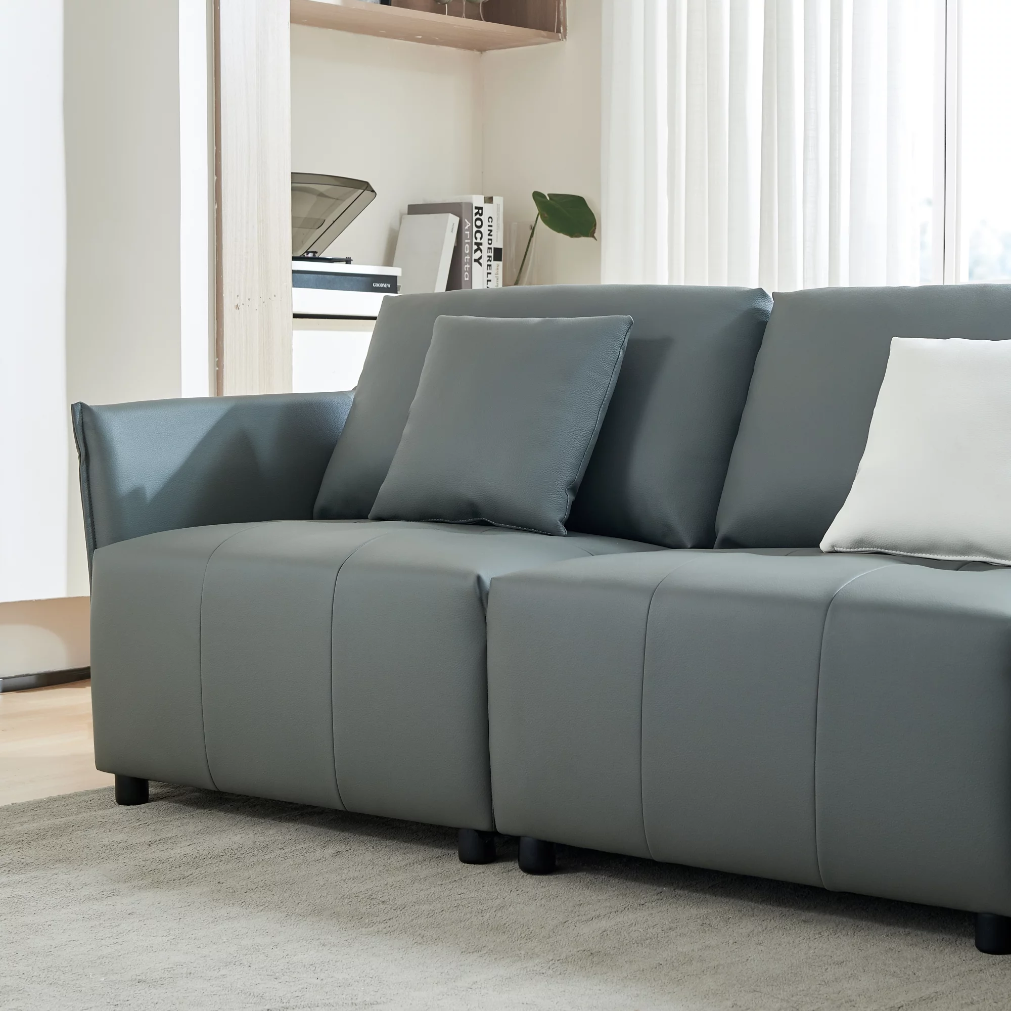 120'' Real Leather Sofa, Modern Modular Sectional Couch, Button Tufted Seat Cushion for Living room, Apartment & Office.(Dark Gray)