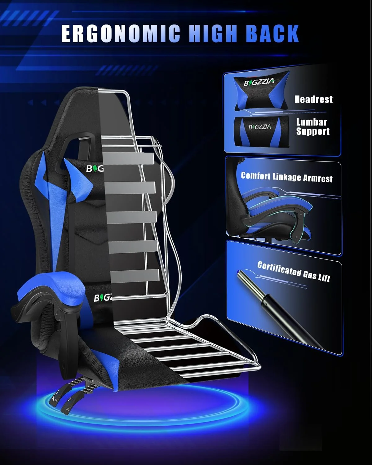 Bigzzia RGB Gaming Chair with LED Lights and Ergonomic Gaming Chair Reclining PU Leather High Back Game Chair with Headrest Adjustable Lumbar Support Linkage Armrest for Adults (Black/Blue) - Curated Treasures Market