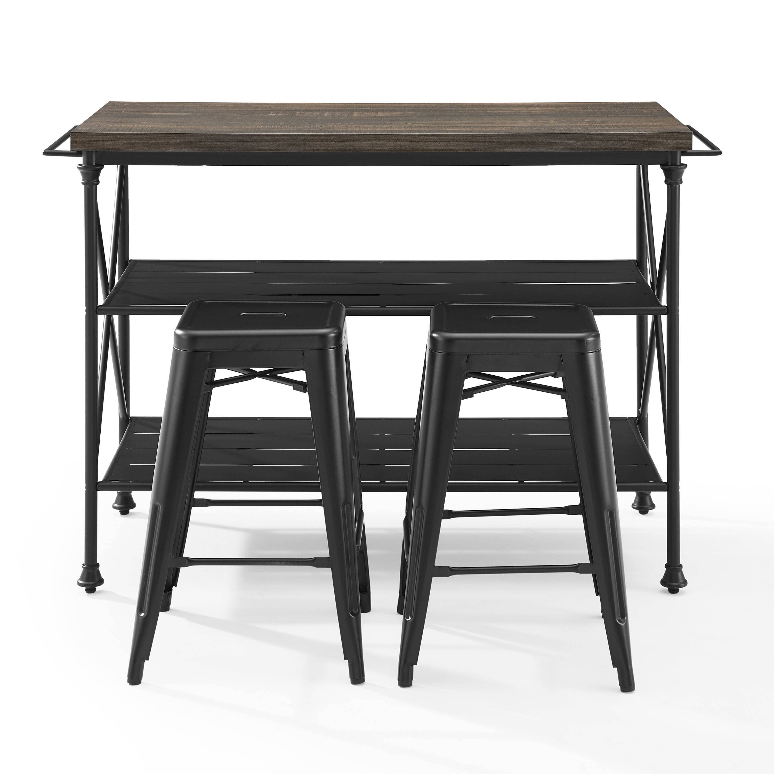 Crosley MADELEINE 3 Piece Kitchen Island 2 Stools Set Brown Black