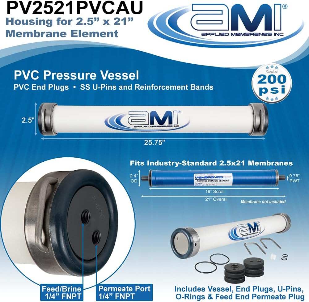 APPLIED MEMBRANES, INC. 2.5" x 21" PVC Membrane Housing Pressure Vessel for 25x21 RO, UF, NF Membrane Element | 200 PSI Operating Pressure | PV2521PVCAU