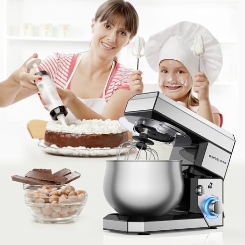 Stand Mixer,5.3Qt Small Electric Food Mixer,1200W Tilt-Head Food Mixer with Dishwasher,6 Speeds Portable Lightweight Kitchen Mixer for Daily Use with Egg Whisk,Dough Hook,Flat Beater (Silver)