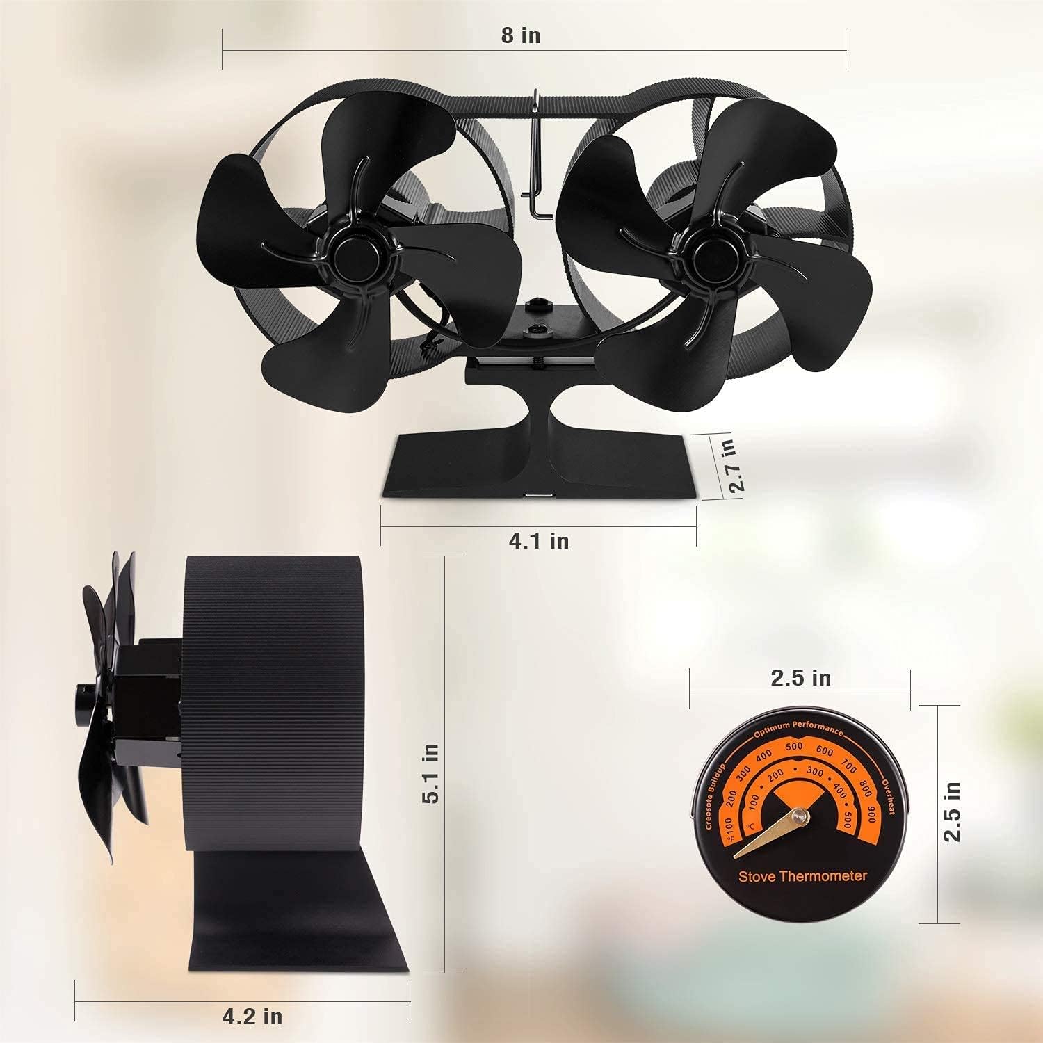 Double Motors Wood Stove 8 Blades Small Size Fan, PYBBO Silent Heat Warm Air Powered Fireplace Eco Stove Fan for Gas/Pellet/Wood/Log Burning Stoves with Thermometer Pack of 2