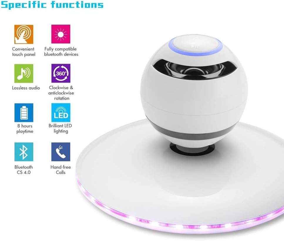 Infinity Orb Magnetic Levitating Speaker Bluetooth 4.0 LED Flash Wireless Floating Speakers with Microphone and Touch Buttons (White)