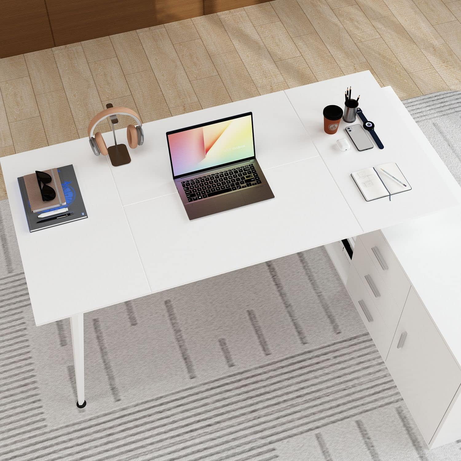 67.9” L-Shaped Desk Office Desk with Storage, Desk with 3 Drawers and Shelves, Corner Desk with Metal Legs, for Home Office White (67.9”W x 55.1”D x 28.7”H)