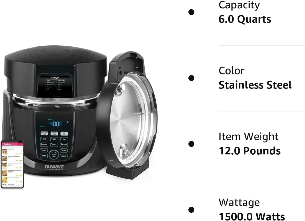 Nuwave Duet Pressure Cook and Air Fryer Combo Cook; Stainless Steel Pot & Rack; Non-Stick Air Fryer Basket; Steam, Sear, Saute, Slow Cook, Roast, Grill, Bake, Dehydrate, Pressure Cook & Air Fry