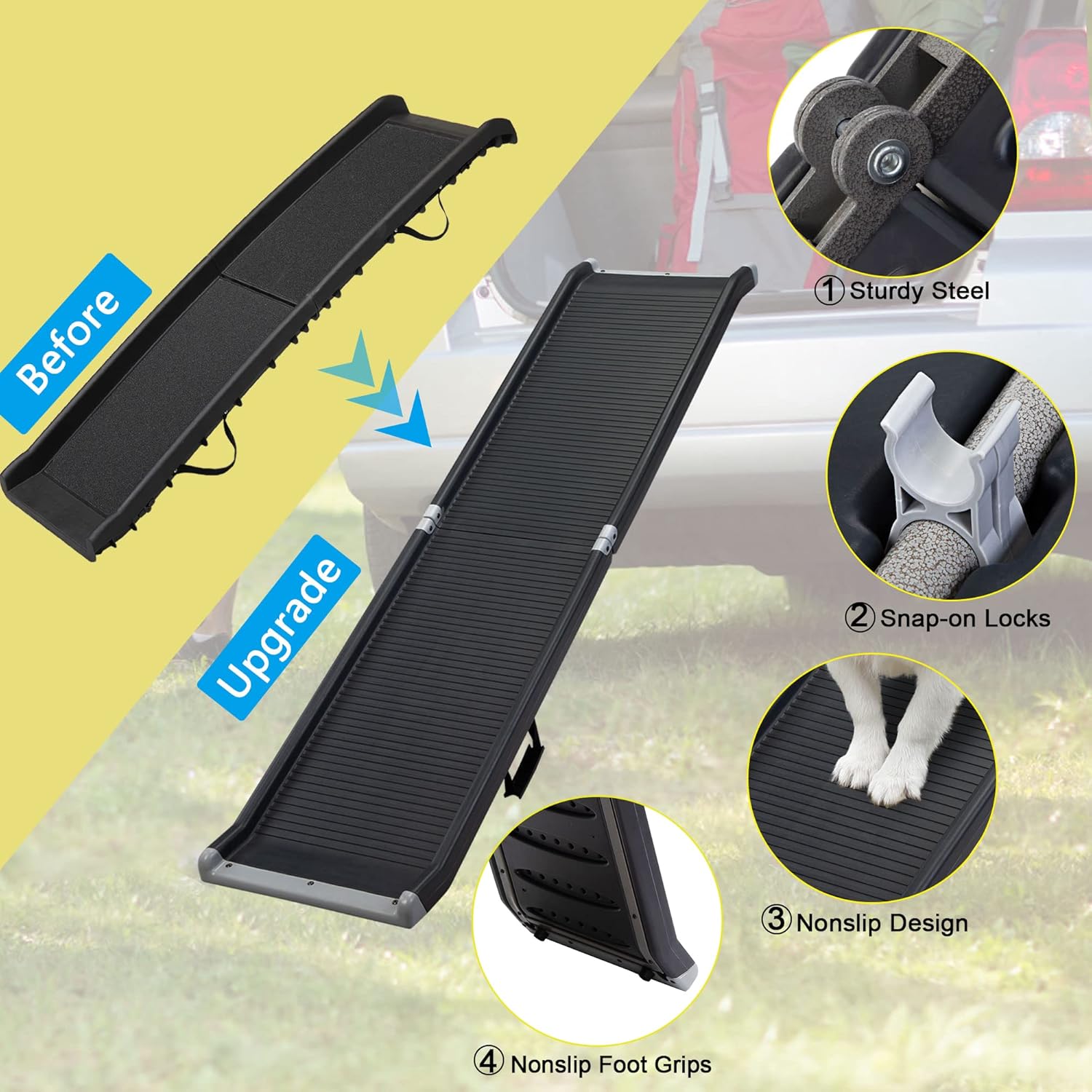 62”L Heavy Duty Portable Folding Dog Ramps for Large Dogs SUV, Truck Car Ramp Stairs Step Ladder for Pet, Non-Slip Design for Pool Boat