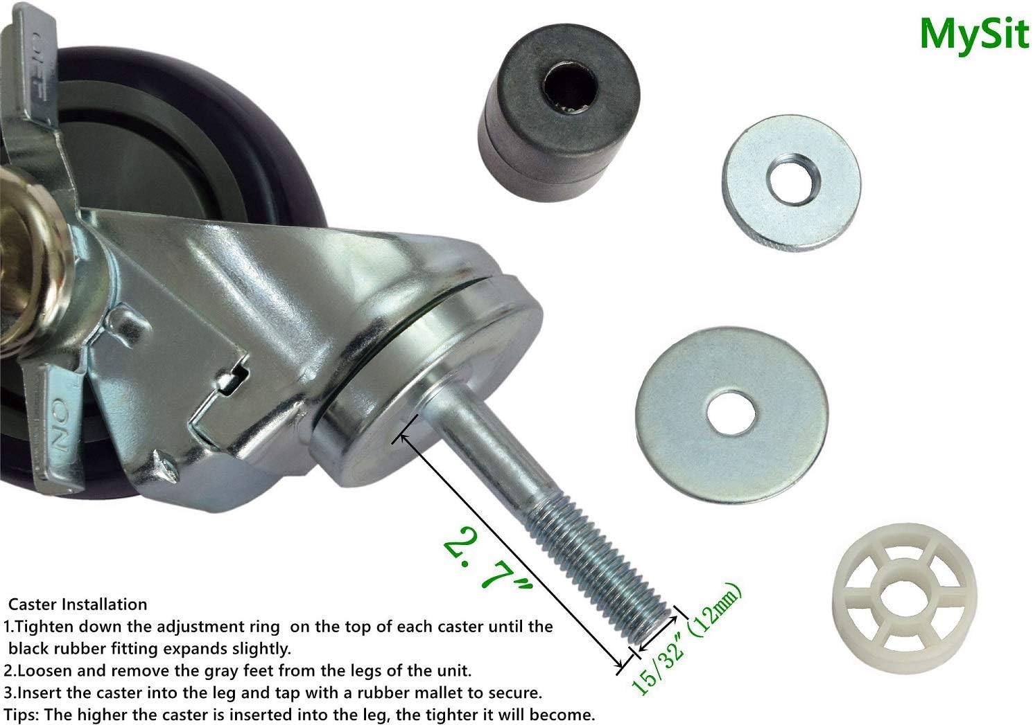 MySit 4 inch Work Table Caster Wheels for Commercial Kitchen Prep Tables, Expanding Stem Casters Set of 4 with Locking Brakes Fit Both 1-1/2 and 1-5/8 Leg Tube Adapter for Stainless Steel Worktable