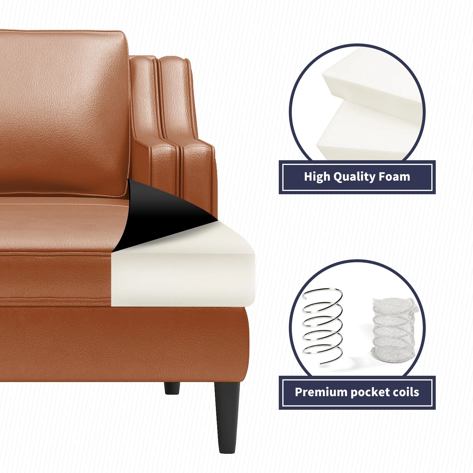 ijuicy Leather Sectional Sofa, Luxurious Leather Upholstered Couches with Right Facing Chaise, 3-Seater Sofa Set with Modular Chaise Lounge for Living Room Apartment Office - Cognac