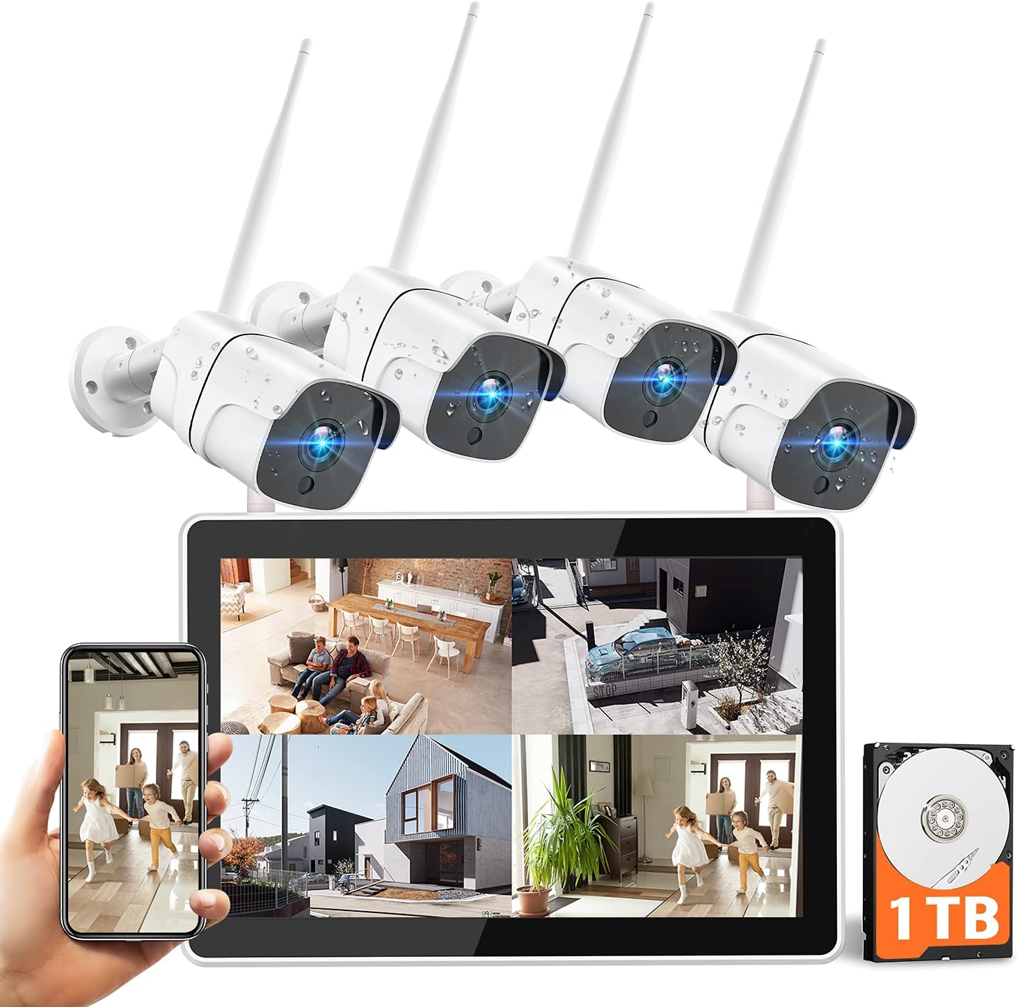 Topiacam All in One 1080P Wireless Security Camera System with 1TB Hard Drive & 12 Monitor, 8CH NVR Video 4pcs 2.0MP Outdoor Home Surveillance IP Cameras Night Vision Motion Detection, (W400+BC272)