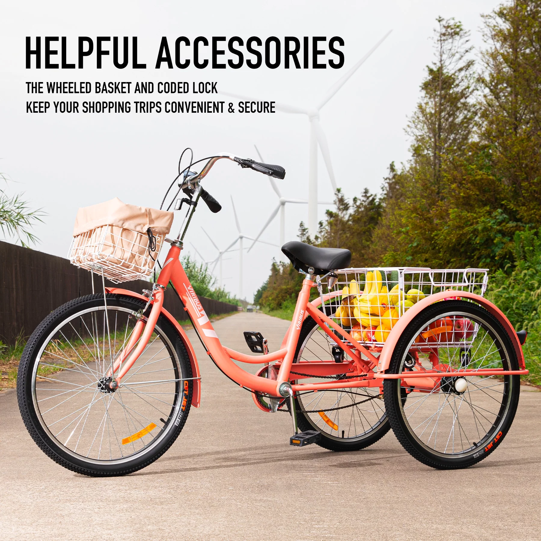 Viribus 24Inch Single Speed Adult Tricycle 3 Wheels Cruiser Bike w Removable Wheeled Basket, Dustproof Bag for Cycling Shopping Picnic Pink - Curated Treasures Market