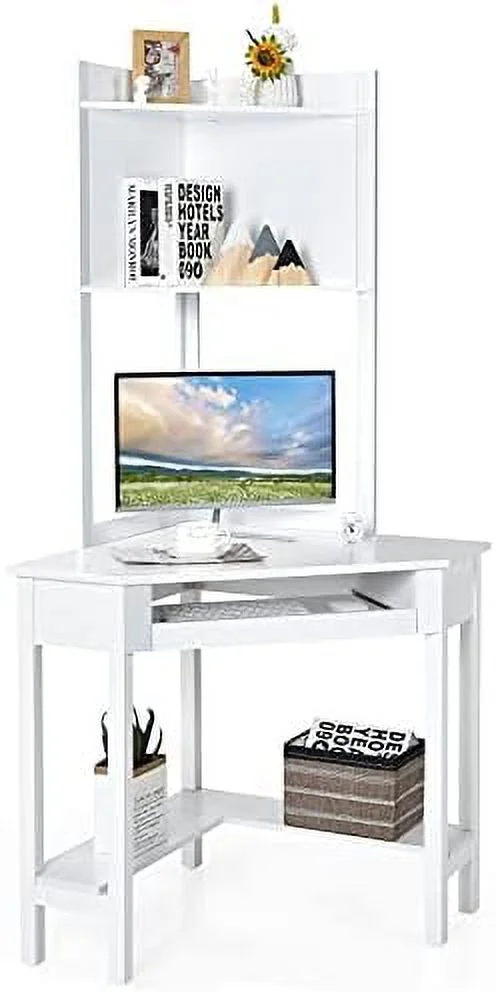 Corner Computer Desk with Hutch  Triangle Corner Desk w/Keyboard Tray and Bookshelves  Corner Writing Desk with  Shelves  Small Corner Desks for Small Spaces (White)