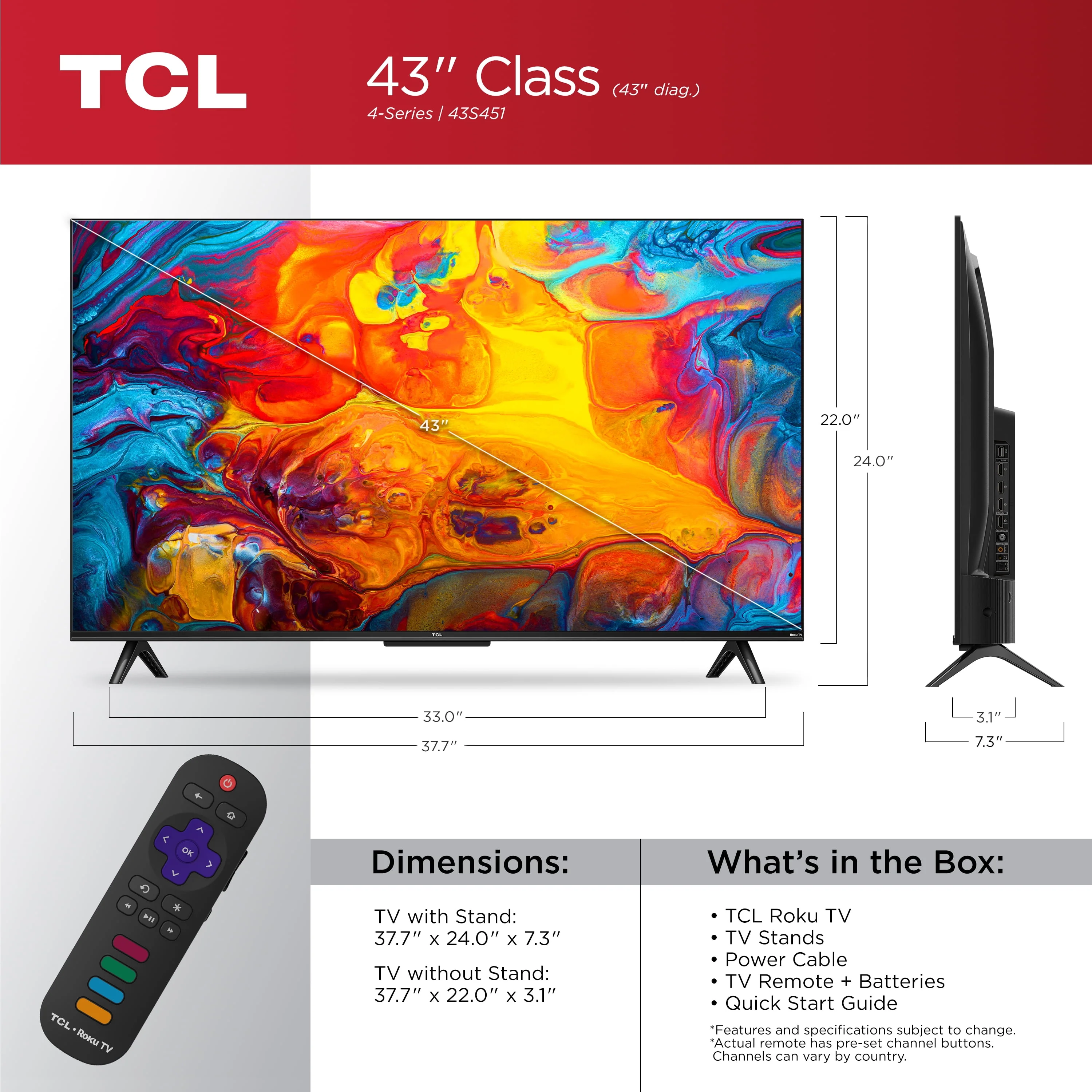 TCL 43 Class 4-Series 4K UHD HDR Smart Roku TV - 43S451