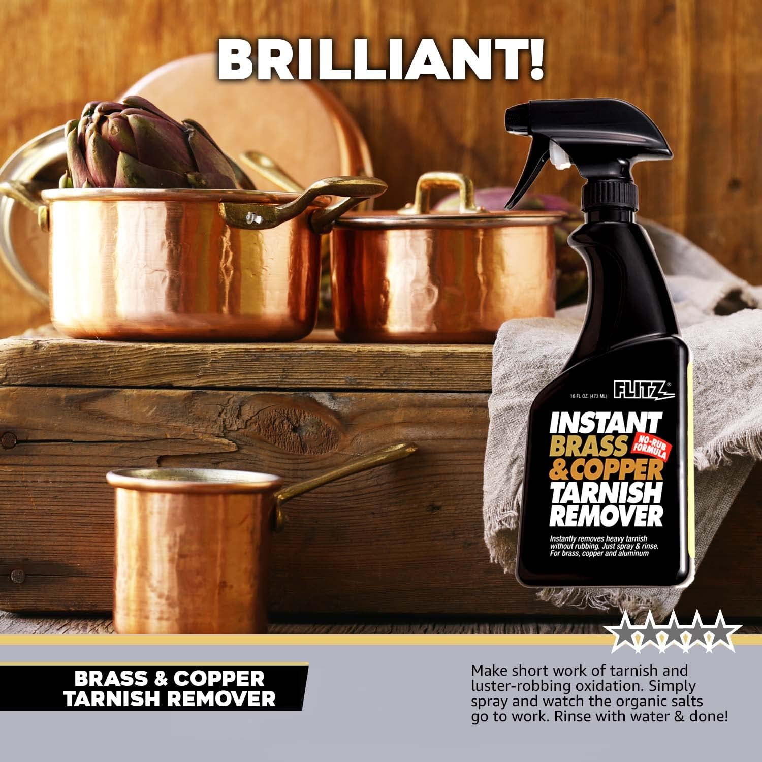 Flitz Brass and Copper Tarnish Remover, Powerful Organic Formula That Safely Removes Rust, Stains and Oxidation + Cleans Brick, Glass, Aluminum and More, Made in the USA, 16 oz Spray