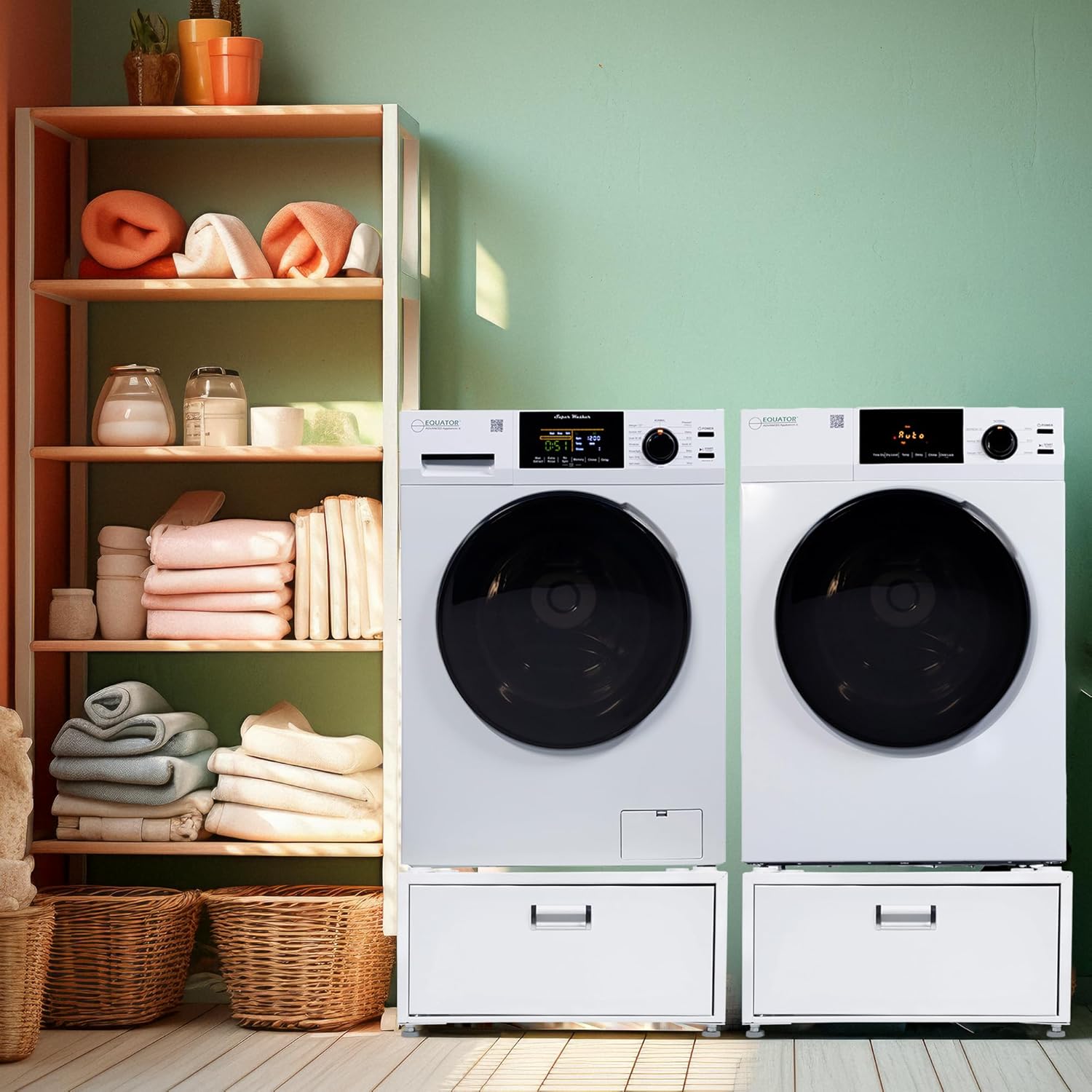 Equator Complete Laundry Set Washer 1.9cf 110V+Vented Dryer 220V+ Pedestals