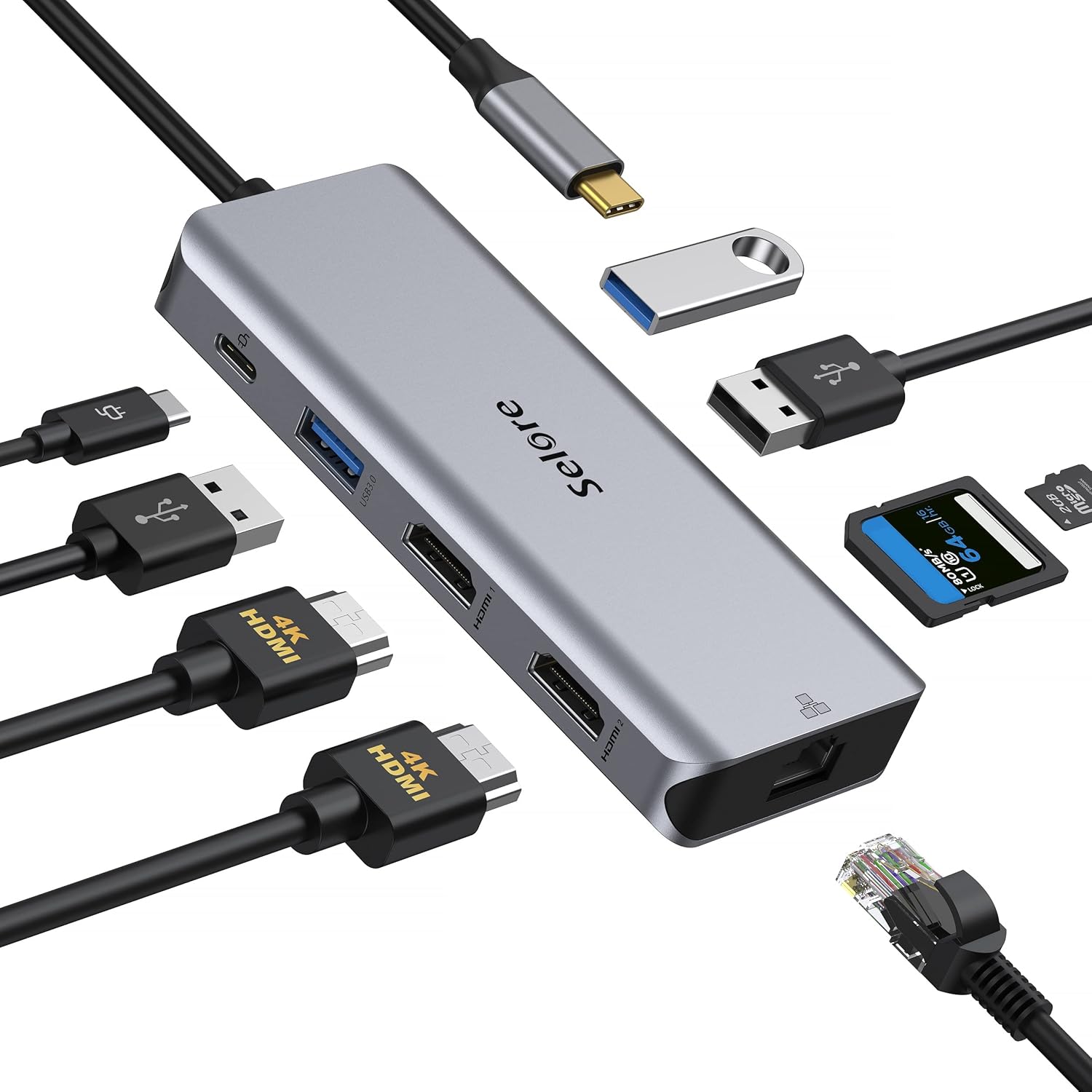USB C Docking Station Dual Monitor, 9 in 1 USB C Hub to Dual HDMI Adapter,Ethernet,2 USB 3.0,1 USB 2.0 and SD/TF Card Reader,100W PD, for USB C Thunderbolt 3 Laptops Pack of 2
