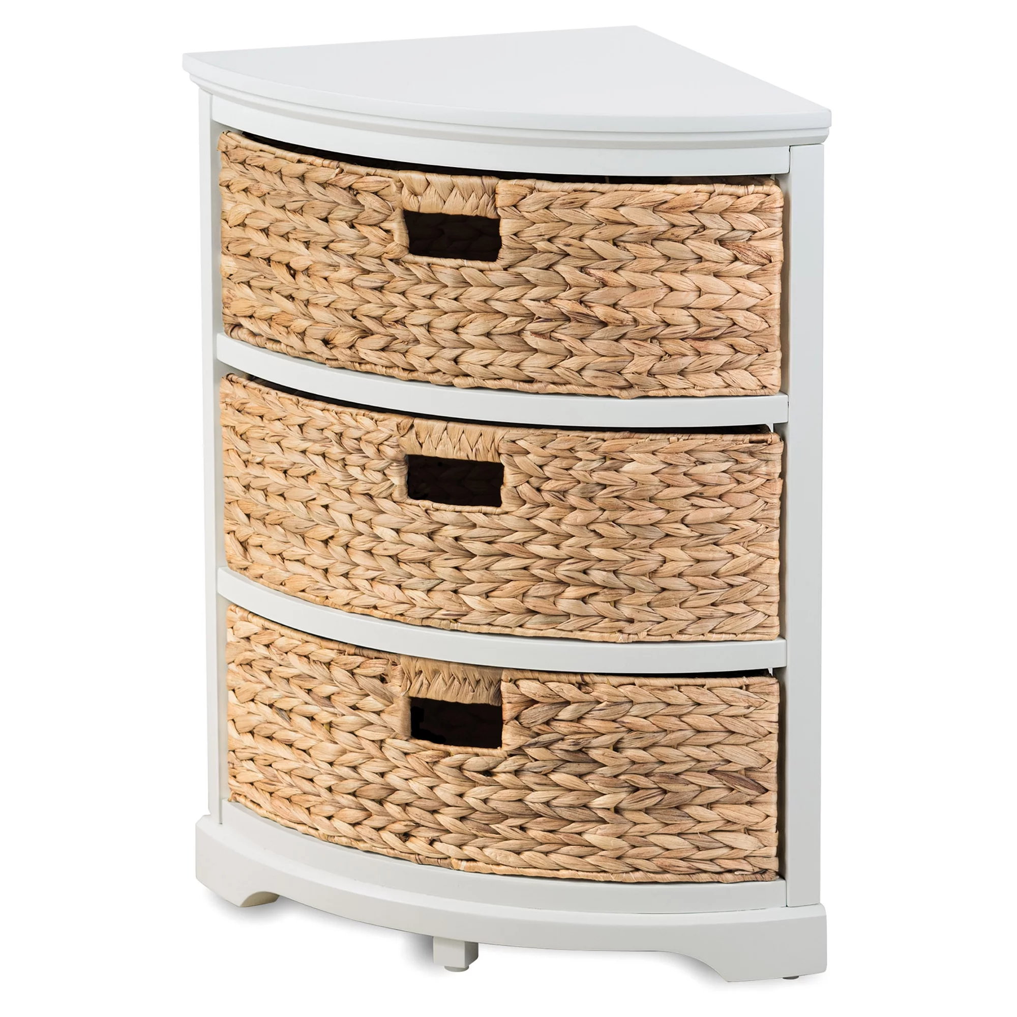 Hampton Meadows 3 Tier X-Side Corner Table Storage Cabinet with 3 Natural Water Hyacinth Wicker Baskets for Living Room, White