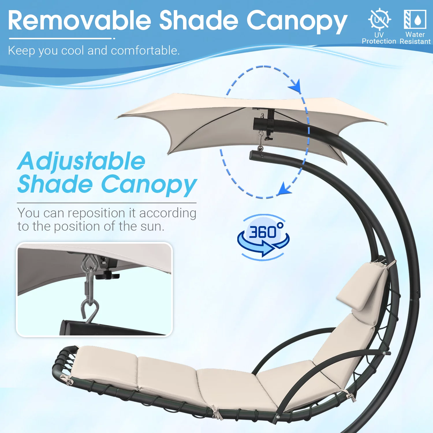 Vineego Outdoor Curved Hanging Chaise Lounge Chair Floating Chaise Lounger Patio Swinging Hammock w/Pillow, Removable Canopy & Steel, Beige