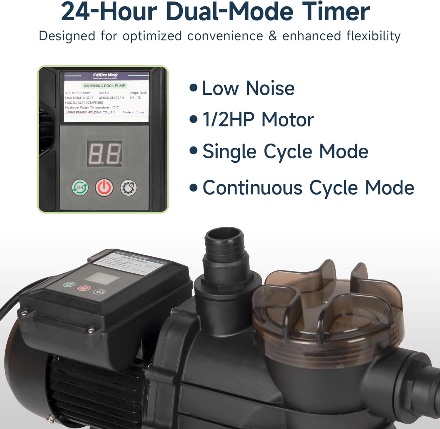 Future Way 1/2 HP Sand Filter Pump for Above Ground Pool, 2640 GPH, 12" Pool Sand Filter with 6-Way Valve, for Pools About 7925GAL, Timer, 120V with GFCI