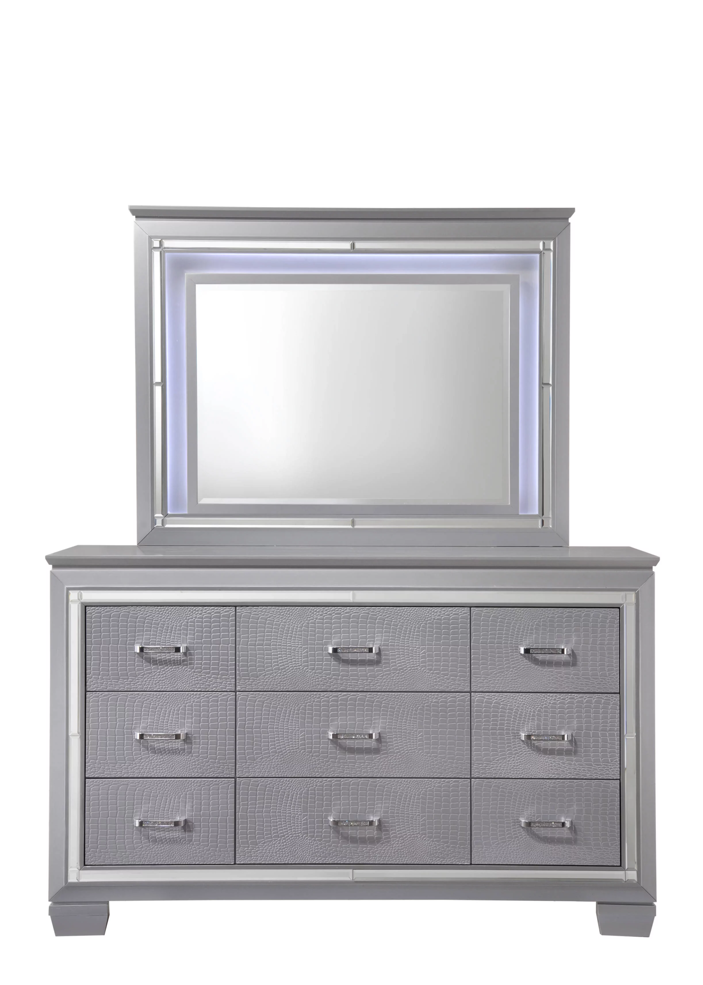 Contemporary Silver Finish 6pc Queen Size LED Backlit Upholstered HB Bed Dresser Mirror Nightstand Chest Wooden Bedroom Furniture Set
