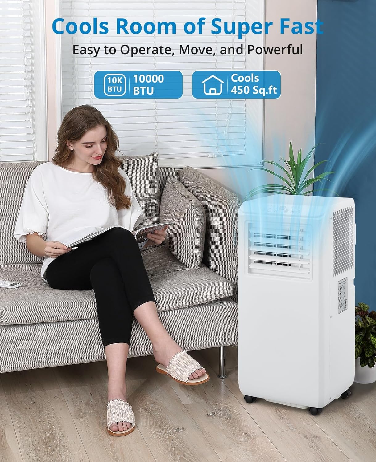 10000BTU Portable Air Conditioner, Portable AC Unit for Room up to 450 Sq. Ft. Space, Portable AC with Remote Control, 3-In-1 Cool, Fan, Dehumidify Modes, Portable AC Unit for Indoor Room Office