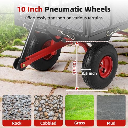 880 lbs 10" Tires Steel Garden Cart with 180° Rotating Handle and Removable Sides, Heavy Duty Utility Garden Carts and Wagons, Heavy Duty Yard Dump Wagon Utility Wagon with Removable Sides