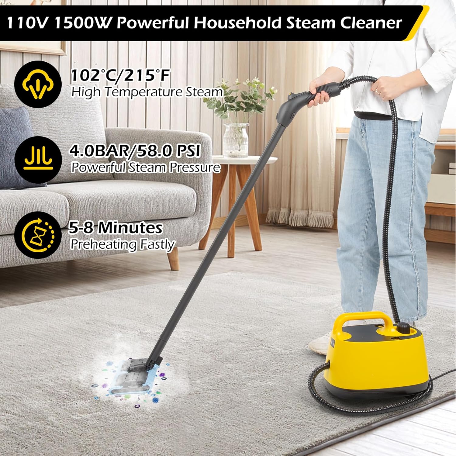 Dyna-Living 1500W High Pressure Steam Cleaner for Home Use 4.0 BAR Handheld Steamer Cleaning for Car Detailing 215°F High-Temperature Steam Cleaner for Upholstery Floor Steam Cleaner with 1.5L Tank
