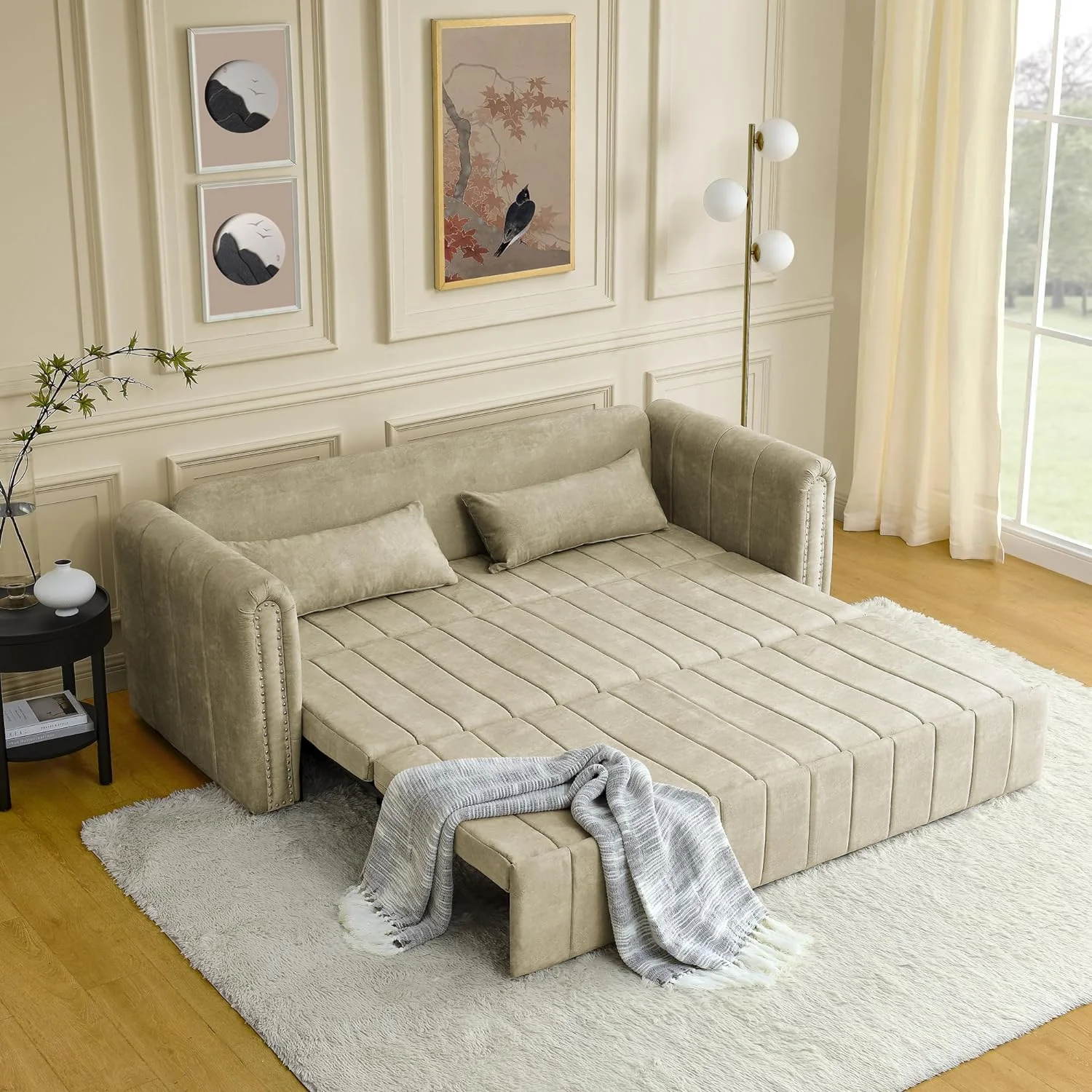 3-in-1 Convertible Sleeper Sofa Bed,Pull-Out Bed Sleeper with Rolled Arms Decorated with Copper Nails,Modern Upholstered 3 Seats Sofabed with Two Drawers and Two Pillows,Black - Curated Treasures Market