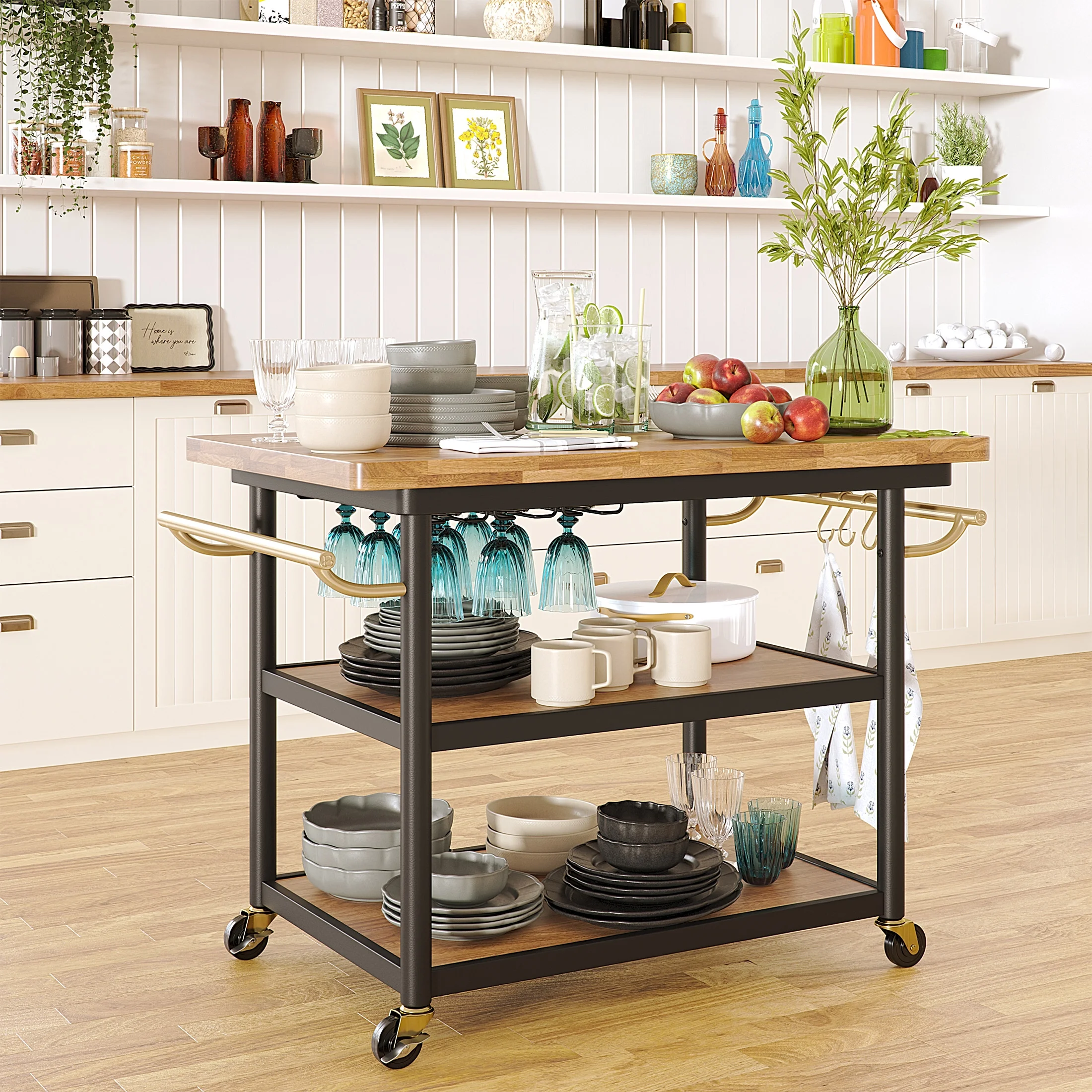Beautiful Wheeled Kitchen Cart with 2 lower shelves by Drew Barrymore, Black Finish