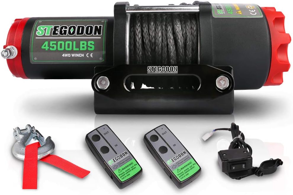 STEGODON 4500 lb. Load Capacity Electric Winch,12V Black Synthetic Rope Winch with Wireless Handheld Remotes and Wired Handle,Waterproof IP67 Electric Winch with Hawse Fairlead(All-Black)