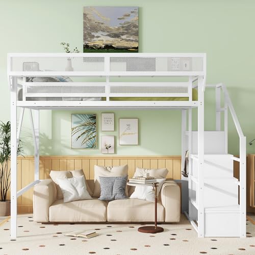 Full Size Loft Bed with Stairs and Storage, Metal Loft Bed Frame with Bedside Shelf and Large Under-Bed Space, Heavy-Duty Bed for Adults Teens and Kids, Black