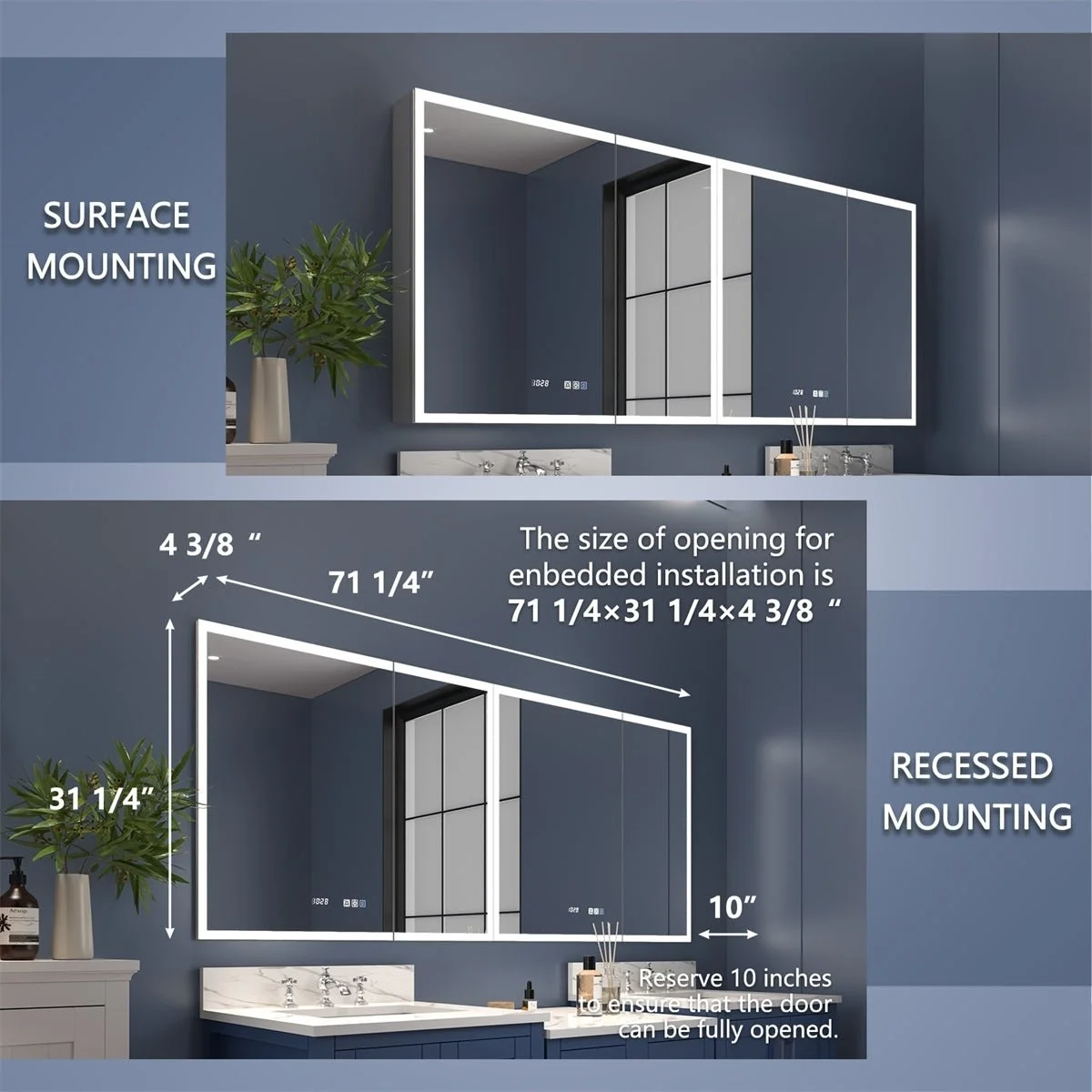 Rim 72" W x 32" H Lighted Medicine Cabinet Recessed or Surface led Medicine Cabinet with Outlets and USBs