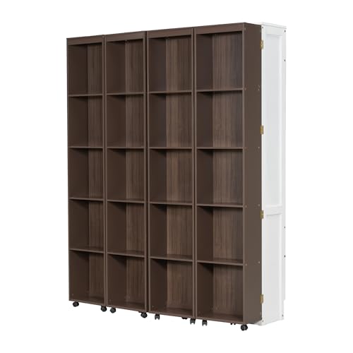 KLMM Wooden Murphy Bed Wall Bed with 2 Wardrobe and Storage Shelf,Foldable Platform Bedframe for Guest-Room Bedroom Study Office Use (White#E, Full)