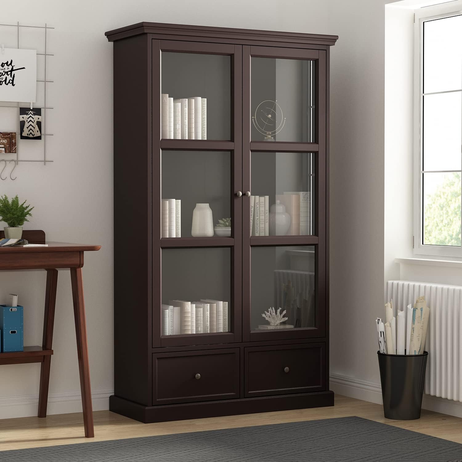 ECACAD 3-Tier Tall Bookcase Storage Cabinet with Glass Door & 2 Drawers, Wooden Bookshelf Display Cabinet for Living Room, Office, Espresso (23.6鈥滾 x 15.7鈥漌 x 70.9鈥滺)