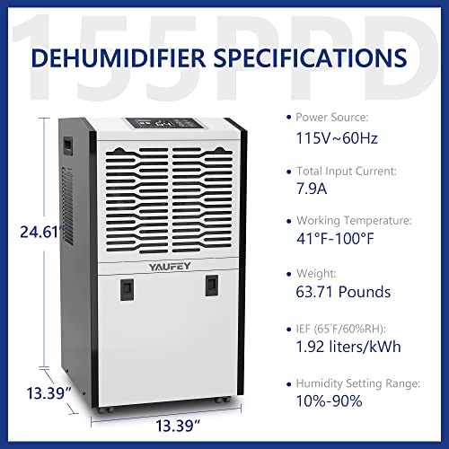 Yaufey Commercial Dehumidifier and Drain Hose, Intelligent Humidity Control, Large Capacity Dehumidifier for Large Basement, Garage and Warehouse