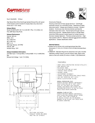 CAPTIVE-AIRE Restaurant Canopy Hood Grease Rated Exhaust Fan- High Speed Direct Drive Centrifugal Upblast Exhaust Fan with speed control- 19" -24.75" Fan Base, 115 Volt Single Phase Motor
