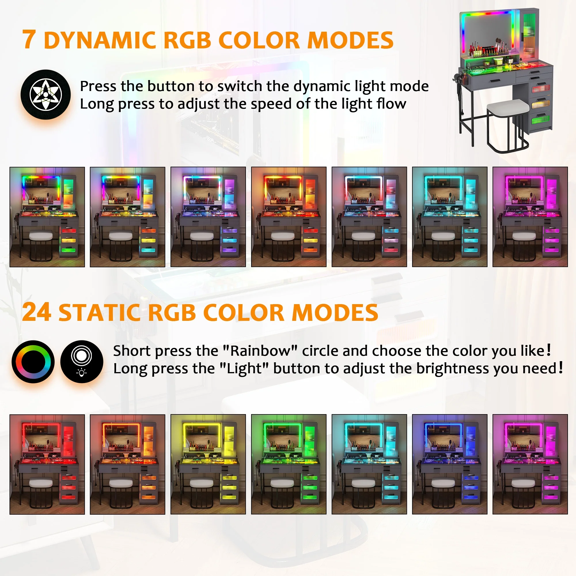 HNEBC Vanity Desk with Mirror and RGB Lights, Glass Top Makeup Vanity with Auto Sensor Lights and Wireless Charging, Vanity Table Set with Cushion Stool, Dressing Table with 6 Drawers (Grey)