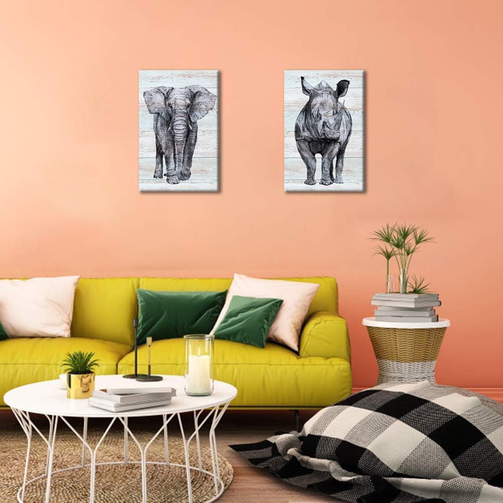 Artsbay 2 Pcs Animal Canvas Wall Art Decor Sketch of Rhino and Elephant Wildlife on Wooden Backdrop Pictures Painting Canvas Print Framed Modern Gallery Wrapped Home Decor for Home Living Room Bedroom
