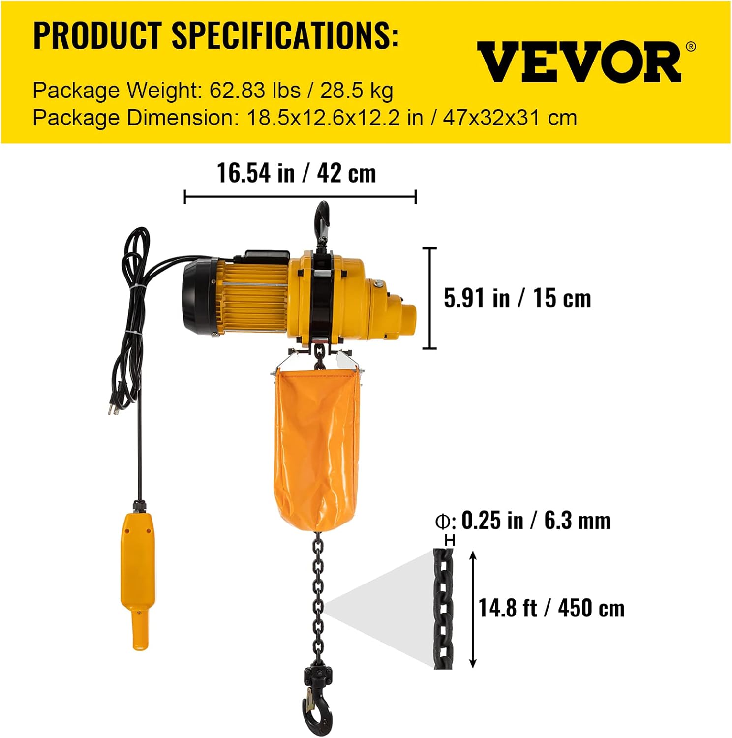 VEVOR Electric Chain Hoist, 1100lbs Winch with 10FT Wired Remote Control, 110V Overhead Crane Garage Ceiling Pulley, 1300W Lifting Power System w/Emergency Stop Switch, 15 Feet Max. Pulling Height