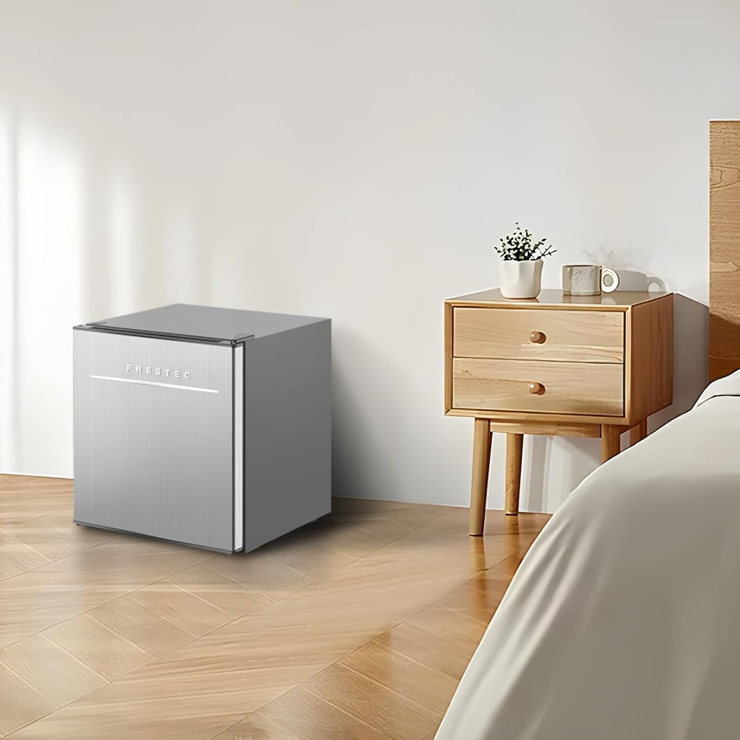 Frestec 1.6 Cu.Ft Mini Fridge for Bedroom, Mini Refrigerator with freezer, Dorm Fridge with Freezer, Reversible Door Perfect for Room and Office, Adjustable Temperature(without Handle, Silver)